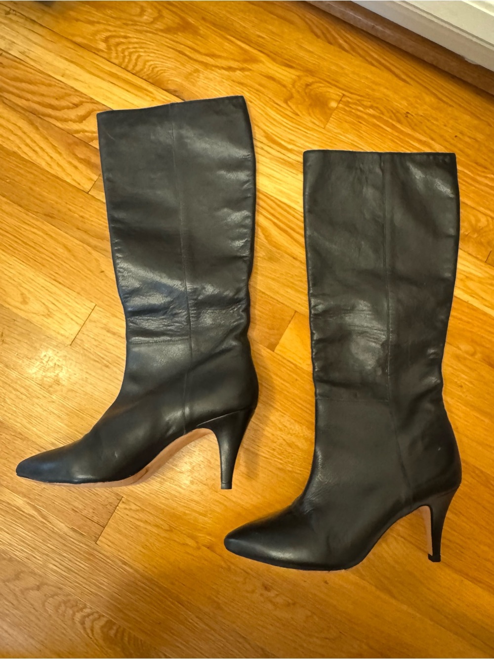 Loeffler Randall Black Leather Pointed-Toe Knee Boots